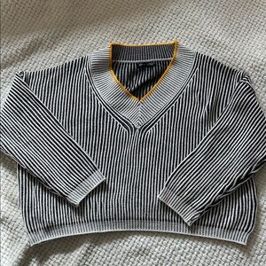SHEIN Black and White V-Neck Sweater with Yellow Trim
